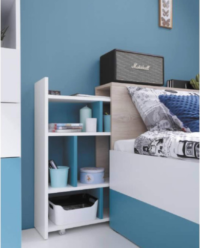 Łóżko Planet PL14, powierzchnia 90x200 cm, szuflada, wysuwany regał, wnęki regałowe, Biały lux/ Dąb/ Morski, MEBLAR