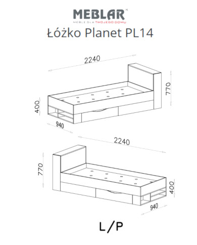Łóżko Planet PL14, powierzchnia 90x200 cm, szuflada, wysuwany regał, półki, Czarny/ Dąb/ Beż, MEBLAR