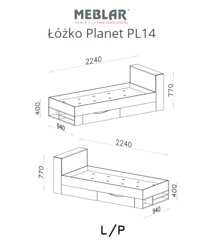 Łóżko Planet PL14, powierzchnia 90x200 cm, szuflada, wysuwany regał, półki, Czarny/ Dąb/ Beż, MEBLAR