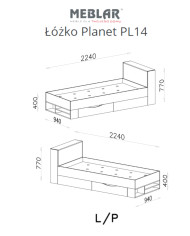 Łóżko Planet PL14, powierzchnia 90x200 cm, szuflada, wysuwany regał, półki, Czarny/ Dąb/ Beż, MEBLAR