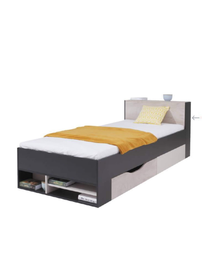 Łóżko Planet PL14, powierzchnia 90x200 cm, szuflada, wysuwany regał, półki, Czarny/ Dąb/ Beż, MEBLAR