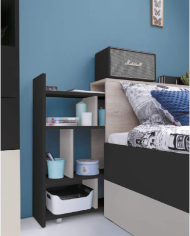 Łóżko Planet PL14, powierzchnia 90x200 cm, szuflada, wysuwany regał, półki, Czarny/ Dąb/ Beż, MEBLAR