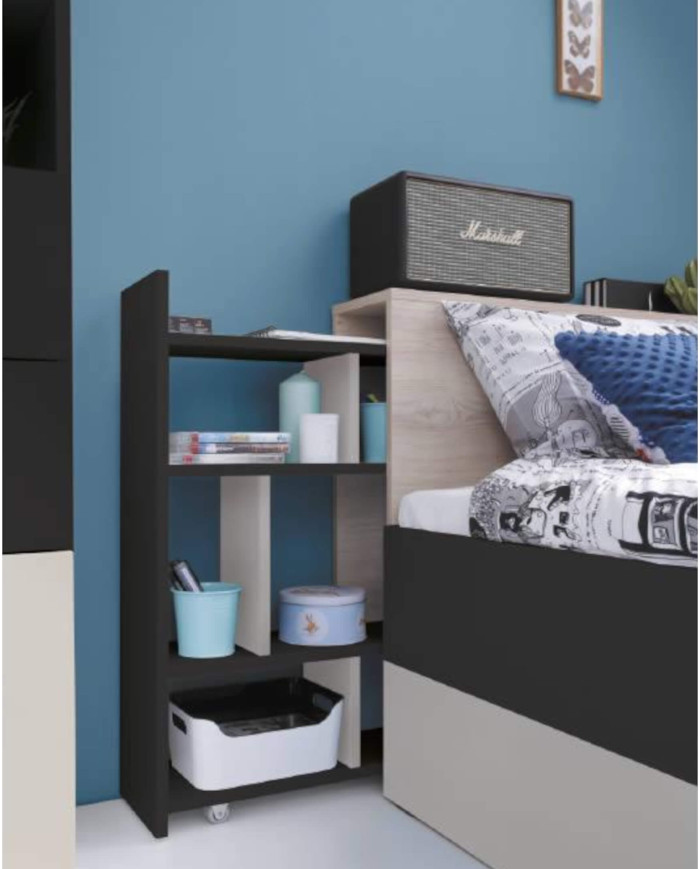 Łóżko Planet PL14, powierzchnia 90x200 cm, szuflada, wysuwany regał, półki, Czarny/ Dąb/ Beż, MEBLAR