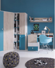 Regał Planet PL4 z drzwiami, szufladami i wnęką regałową, Biały lux/ Dąb/ Morski, MEBLAR