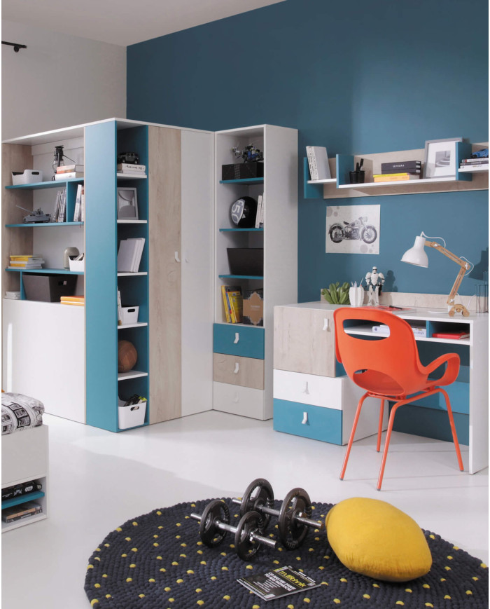 Regał Planet PL4 z drzwiami, szufladami i wnęką regałową, Biały lux/ Dąb/ Morski, MEBLAR