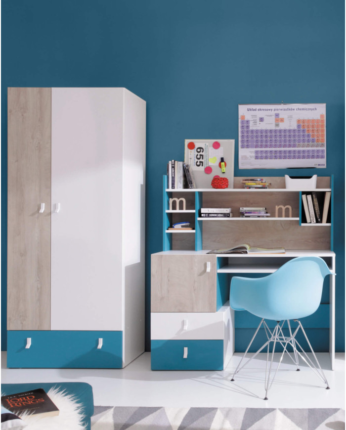 Regał Planet PL5 z drzwiami i otwartymi półkami, Biały lux/ Dąb/ Morski, MEBLAR