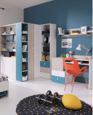 Regał niski Planet PL7 z szufladami, drzwiami i otwartymi półkami, Biały lux/ Dąb/ Morski, MEBLAR