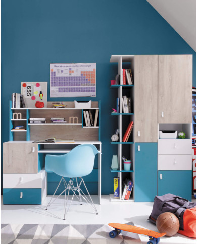 Szafka rtv Planet PL10 z szufladą, drzwiczkami i wnękami regałowymi, Biały lux/ Dąb/ Morski, MEBLAR