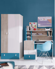 Szafka rtv Planet PL10 z szufladą, drzwiczkami i wnękami regałowymi, Biały lux/ Dąb/ Morski, MEBLAR