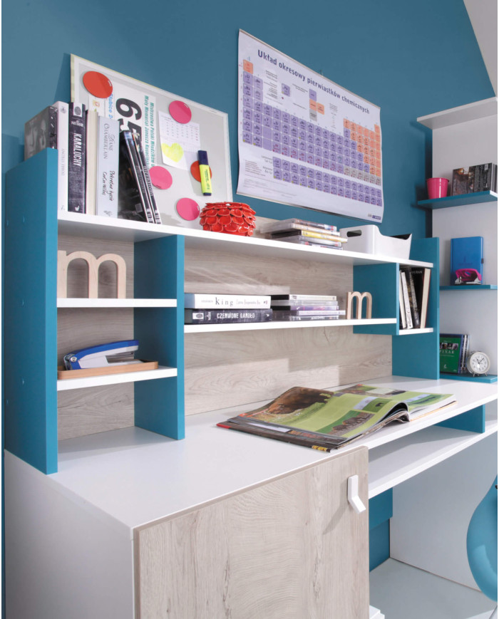 Półka wisząca Planet PL12, uchylne drzwiczki, wnęki regałowe, Biały lux/ Dąb/ Morski, MEBLAR