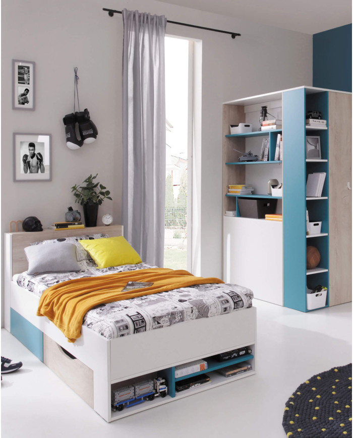 Łóżko Planet PL14, powierzchnia 90x200 cm, szuflada, wysuwany regał, wnęki regałowe, Biały lux/ Dąb/ Morski, MEBLAR