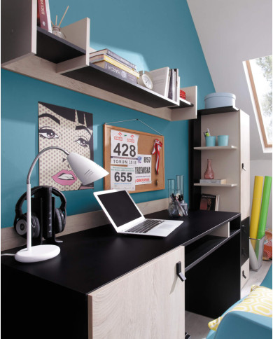 Szafa młodzieżowa - Garderoba Planet PL1, dwudrzwiowa, Czarny/ Dąb/ Beż, MEBLAR