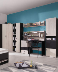 Regał Planet PL4 z drzwiami, szufladami i wnęką regałową, Czarny/ Dąb/ Beż, MEBLAR