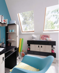 Regał Planet PL4 z drzwiami, szufladami i wnęką regałową, Czarny/ Dąb/ Beż, MEBLAR