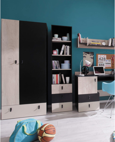 Regał Planet PL5 z drzwiami i otwartymi półkami, Czarny/ Dąb/ Beż, MEBLAR