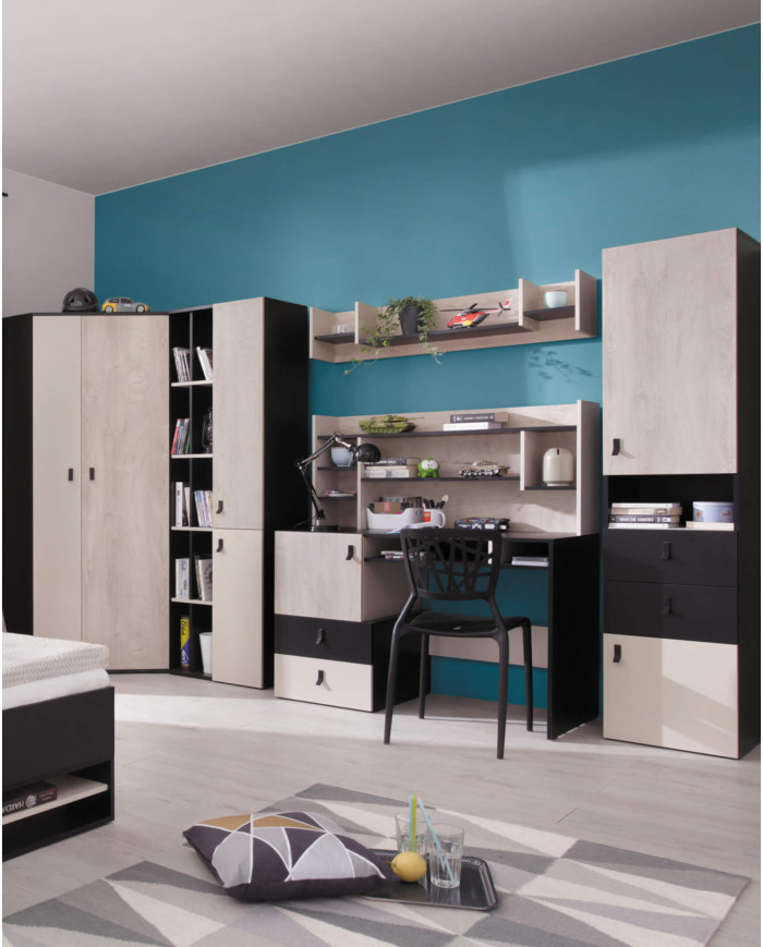 Regał Planet PL6 z szufladami i otwartymi półkami, Czarny/ Dąb/ Beż, MEBLAR