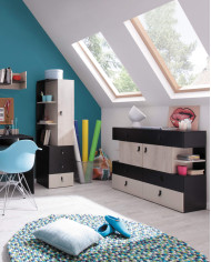 Regał Planet PL6 z szufladami i otwartymi półkami, Czarny/ Dąb/ Beż, MEBLAR