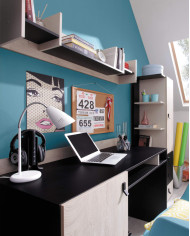 Biurko Planet PL9, drzwi, szuflady, wnęka regałowa, Czarny/ Dąb/ Beż, MEBLAR