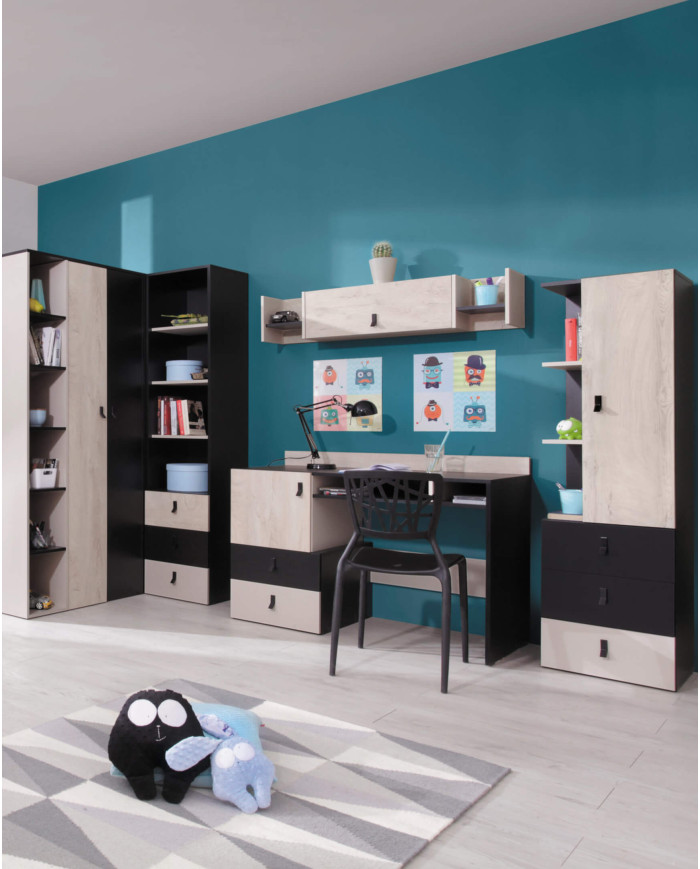 Półka wisząca Planet PL12, uchylne drzwiczki, wnęki regałowe, Czarny/ Dąb/ Beż, MEBLAR