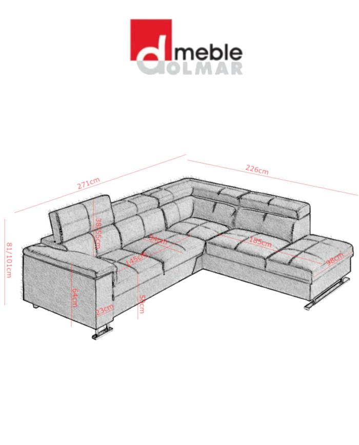 Narożnik Boston 1, funkcja spania, pojemnik, regulowane zagłówki, DOLMAR