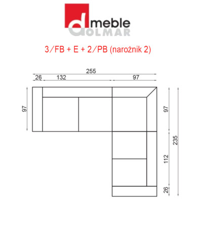 Narożnik Vento 2, 3/FB+E+2/PB, funkcja spania, pojemnik, regulowane zagłówki, DOLMAR
