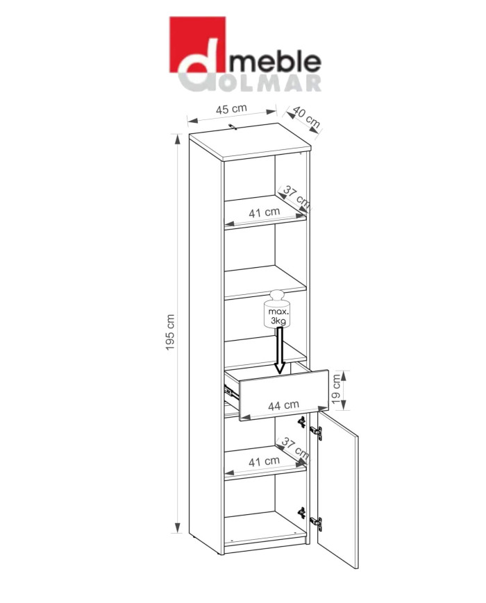 Regał Arca AR3, biel arktyczna/dąb wotan, z drzwiami i szufladą, DOLMAR