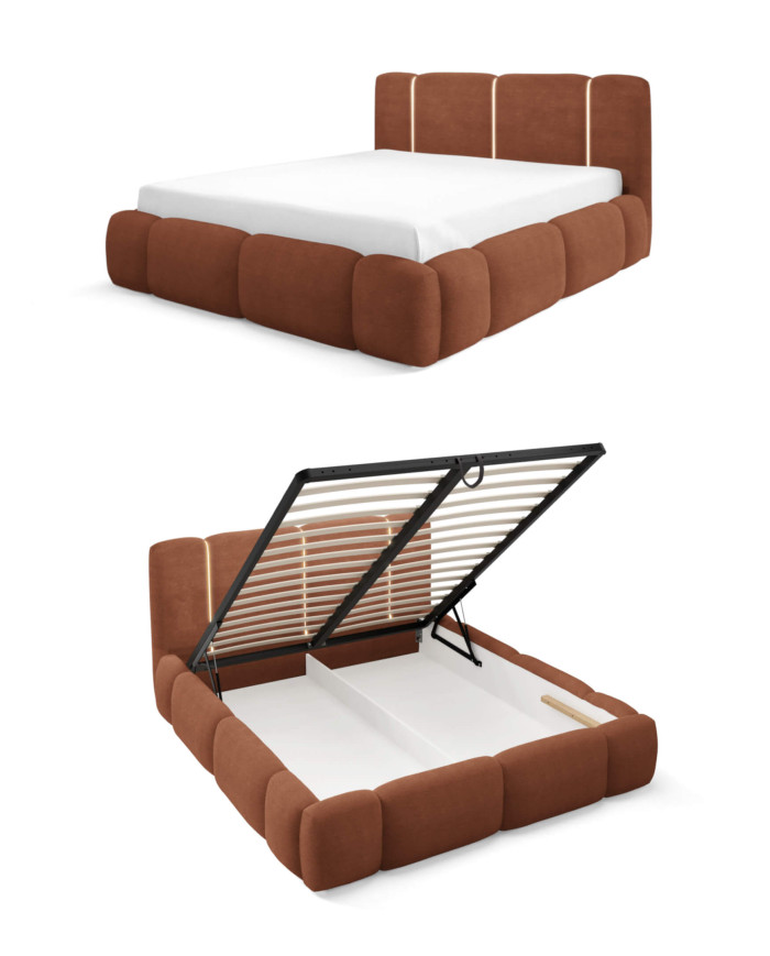 Łóżka tapicerowane Bianco Led 120x200, oświetlenie, podnośnik, stelaż, pojemnik, Gruszka Meble