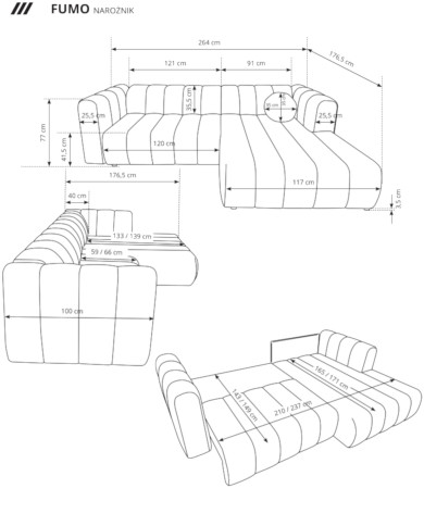Narożnik Fumo, funkcja spania, pojemnik, Laski Meble