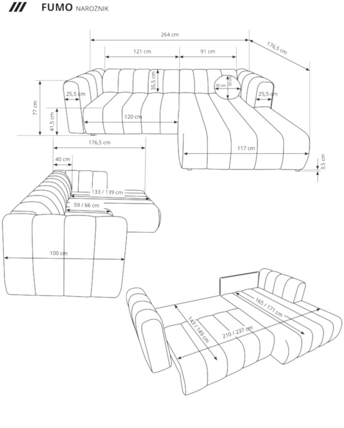 Narożnik Fumo, funkcja spania, pojemnik, Laski Meble