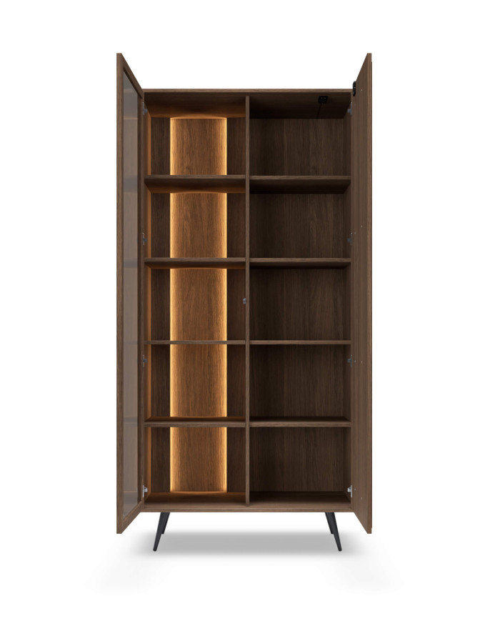 Witryna wysoka Amaro 2D, dwudrzwiowa, z oświetleniem LED, Dąb dunin, Laski Meble