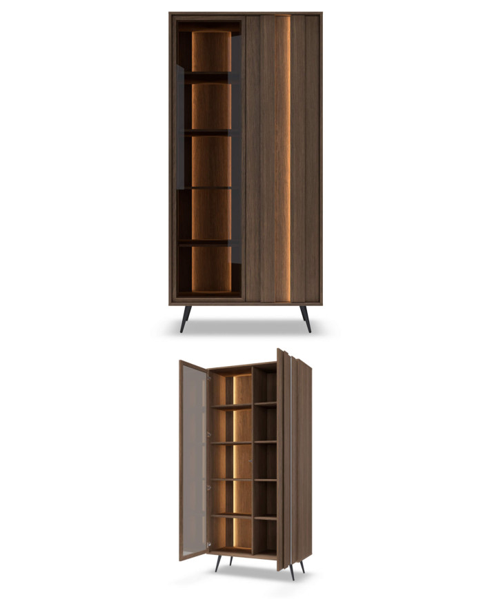 Witryna wysoka Amaro 2D, dwudrzwiowa, z oświetleniem LED, Dąb dunin, Laski Meble