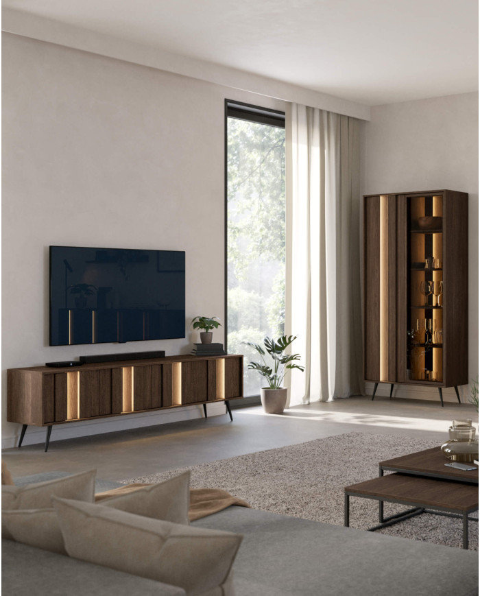 Komoda wysoka Amaro 2D, dwudrzwiowa, z oświetleniem LED, Dąb dunin, Laski Meble