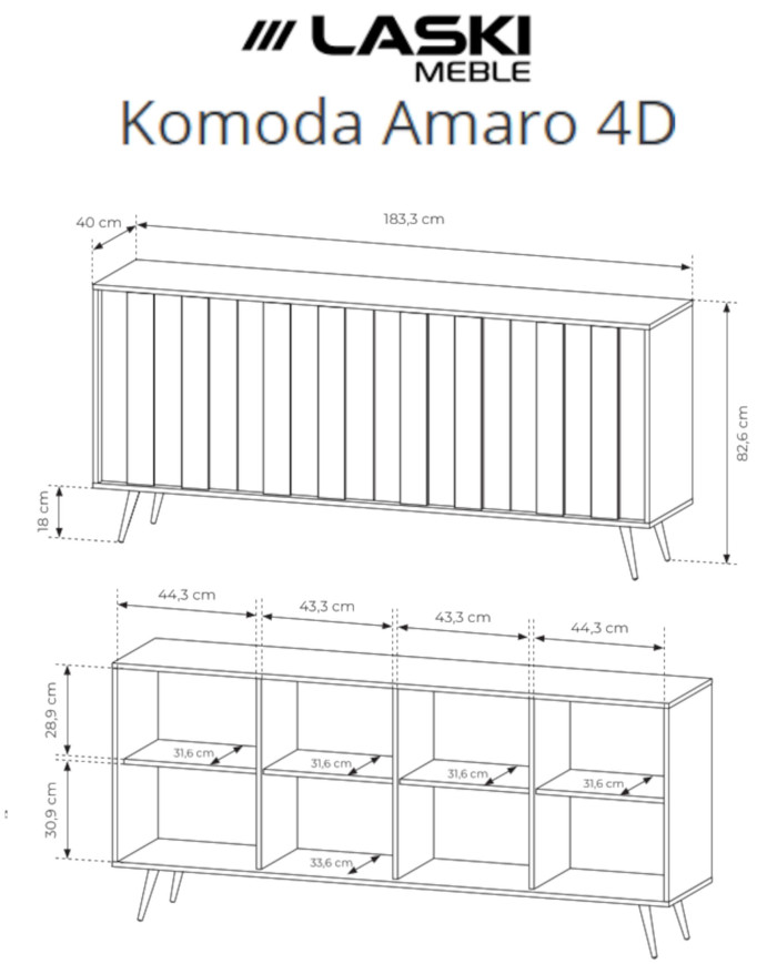 Komoda Amaro 4D, czterodrzwiowa, z oświetleniem LED, Dąb dunin, Laski Meble