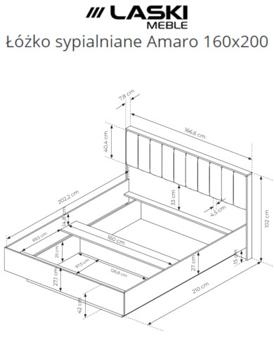 Łóżko sypialniane Amaro 160x200, tapicerowany zagłówek, pojemnik, Dąb dunin, Laski Meble