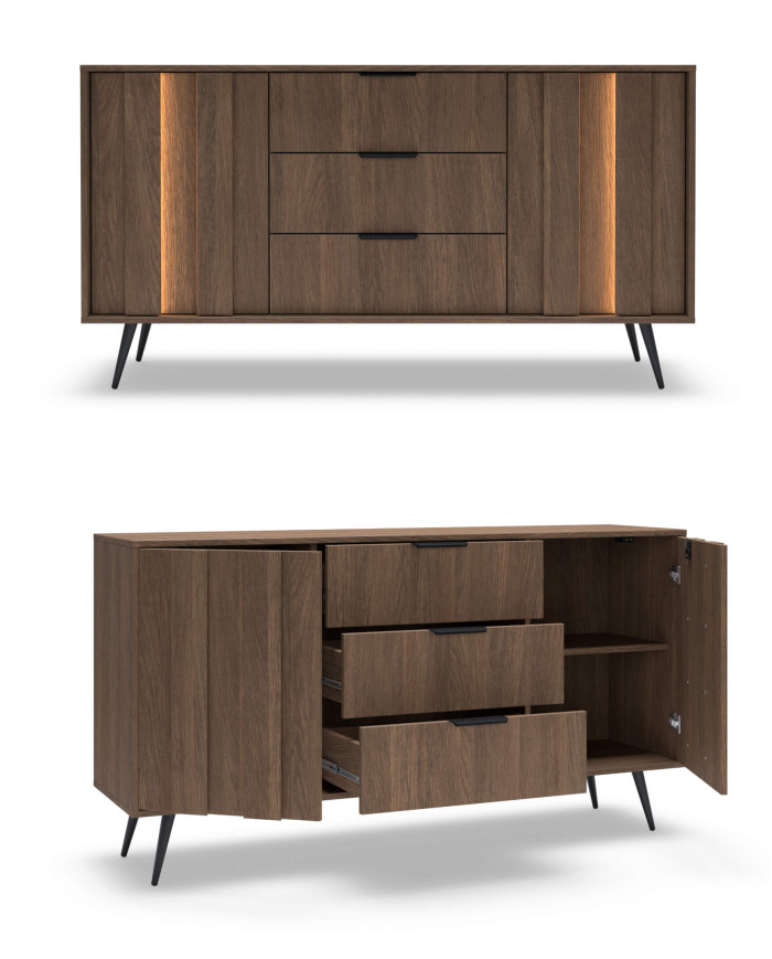 Komoda Amaro 2D3S, dwudrzwiowa, z szufladami i oświetleniem LED, Dąb dunin, Laski Meble