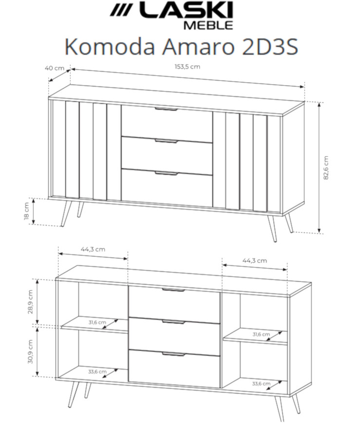 Komoda Amaro 2D3S, dwudrzwiowa, z szufladami i oświetleniem LED, Dąb dunin, Laski Meble