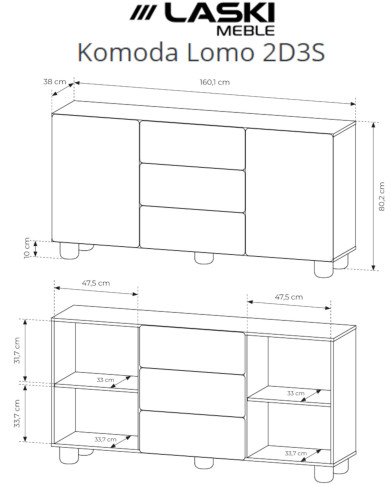 Komoda Lomo 2D3S, dwudrzwiowa z trzema szufladami, Dąb vicenza, Laski Meble