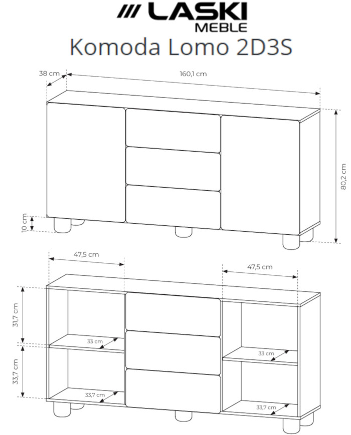 Komoda Lomo 2D3S, dwudrzwiowa z trzema szufladami, Dąb vicenza, Laski Meble