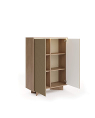 Komoda Wysoka Semi 2D, dwudrzwiowa, oświetlenie LED, Bolivar natur/ Cappuccino, Laski Meble