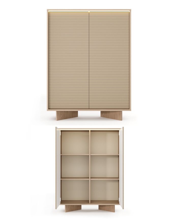 Komoda Wysoka Semi 2D, dwudrzwiowa, oświetlenie LED, Bolivar natur/ Cappuccino, Laski Meble