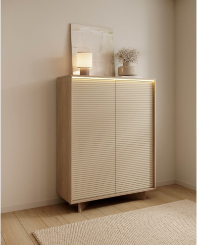 Komoda Wysoka Semi 2D, dwudrzwiowa, oświetlenie LED, Bolivar natur/ Cappuccino, Laski Meble