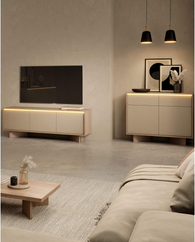 Komoda Wysoka Semi 2D, dwudrzwiowa, oświetlenie LED, Bolivar natur/ Cappuccino, Laski Meble