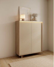 Komoda Semi 4D, czterodrzwiowa, oświetlenie LED, Bolivar natur/ Cappuccino, Laski Meble