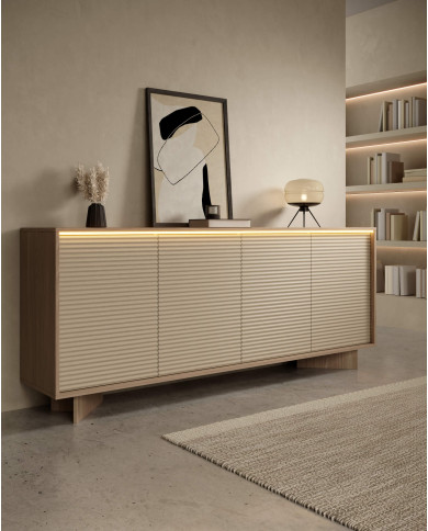 Komoda Semi 4D, czterodrzwiowa, oświetlenie LED, Bolivar natur/ Cappuccino, Laski Meble