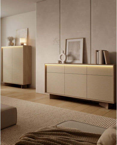 Komoda Semi 4D, czterodrzwiowa, oświetlenie LED, Bolivar natur/ Cappuccino, Laski Meble