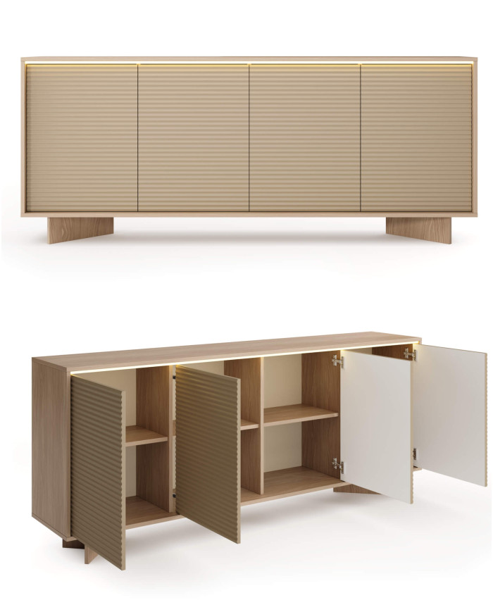 Komoda Semi 4D, czterodrzwiowa, oświetlenie LED, Bolivar natur/ Cappuccino, Laski Meble