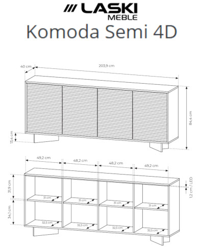 Komoda Semi 4D, czterodrzwiowa, oświetlenie LED, Bolivar natur/ Cappuccino, Laski Meble