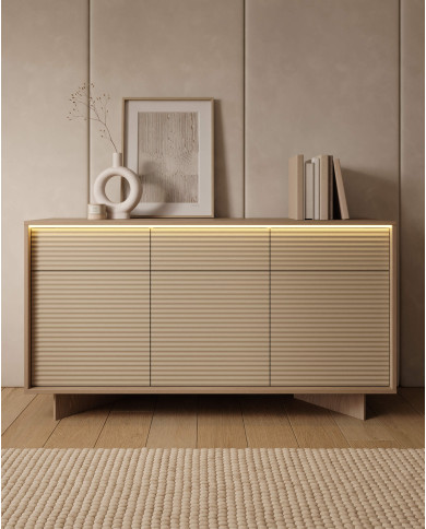 Komoda Semi 3D3S, trzydrzwiowa z szufladami, oświetlenie LED, Bolivar natur/ Cappuccino, Laski Meble