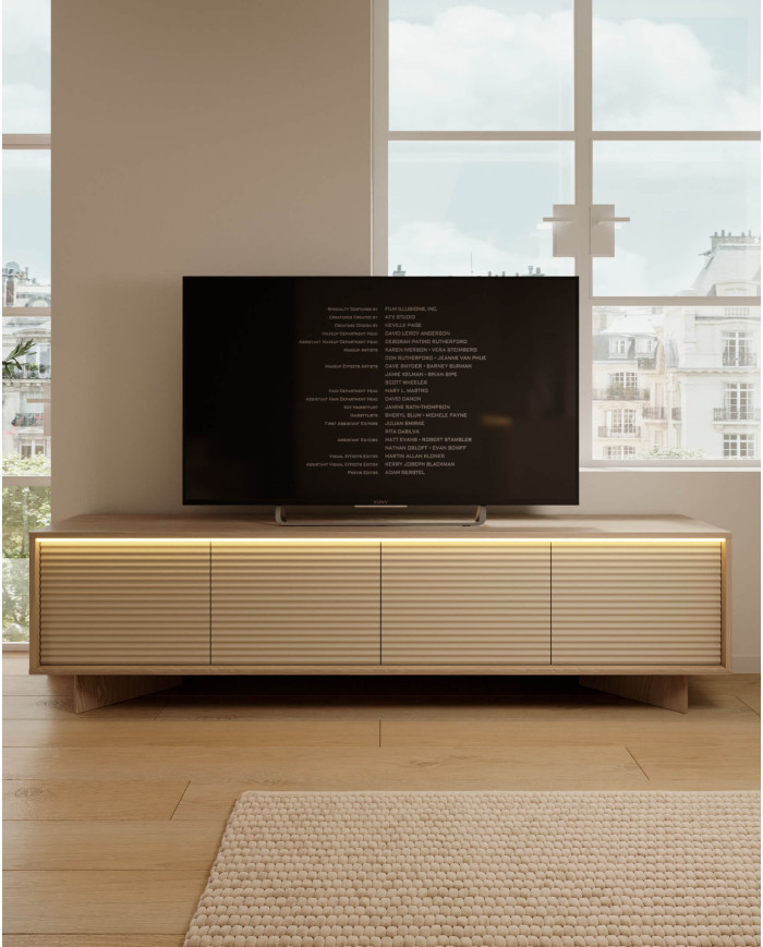 Komoda Semi 3D3S, trzydrzwiowa z szufladami, oświetlenie LED, Bolivar natur/ Cappuccino, Laski Meble