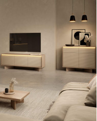 Komoda Semi 3D3S, trzydrzwiowa z szufladami, oświetlenie LED, Bolivar natur/ Cappuccino, Laski Meble